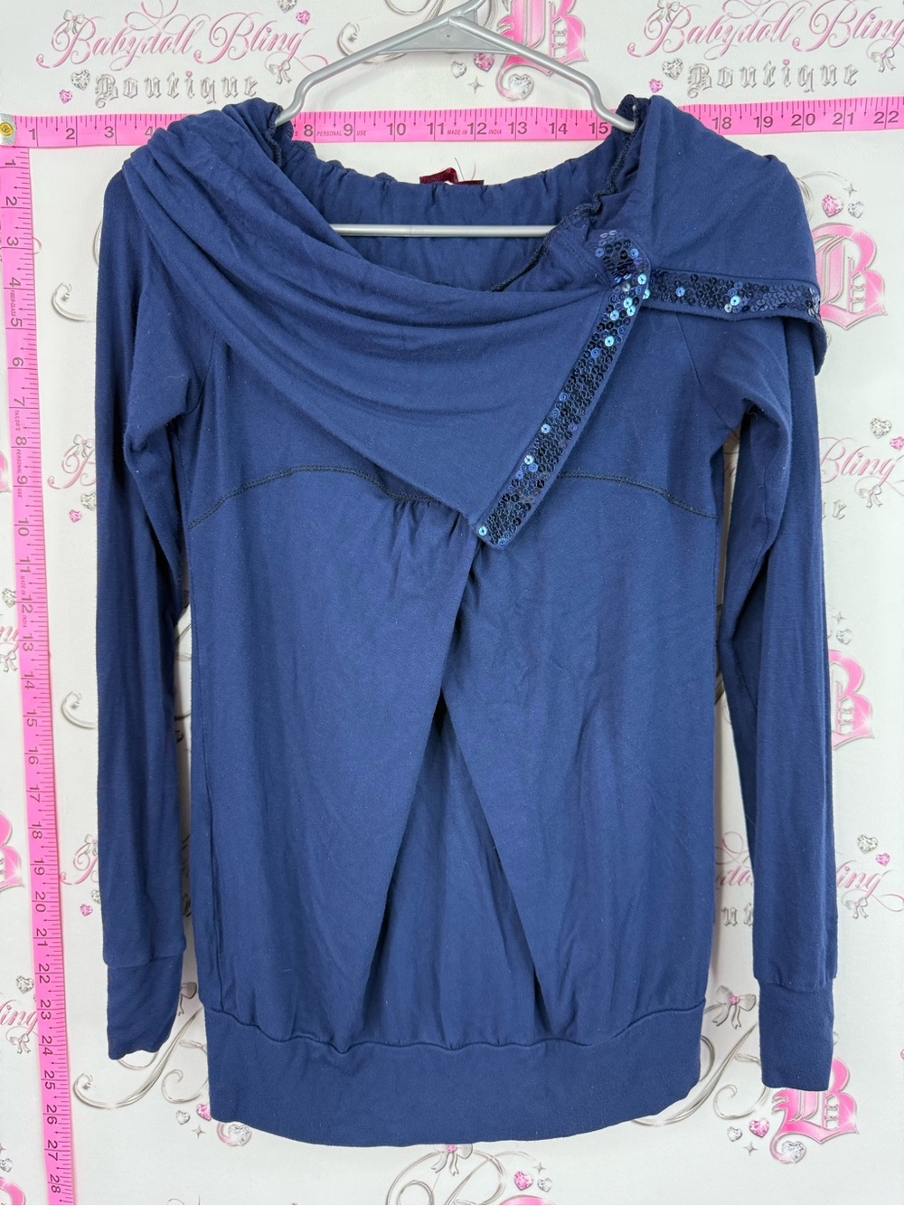 Bamblita y2k sparkly rhinestone Navy Sequin-Trim Cowl Neck Long Sleeve Sweater
